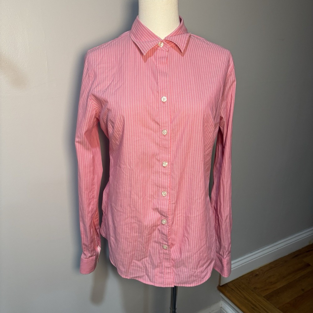 Banana Republic Pink White Stripe Non Iron Fitted Button Down Shirt Womens Sz 10